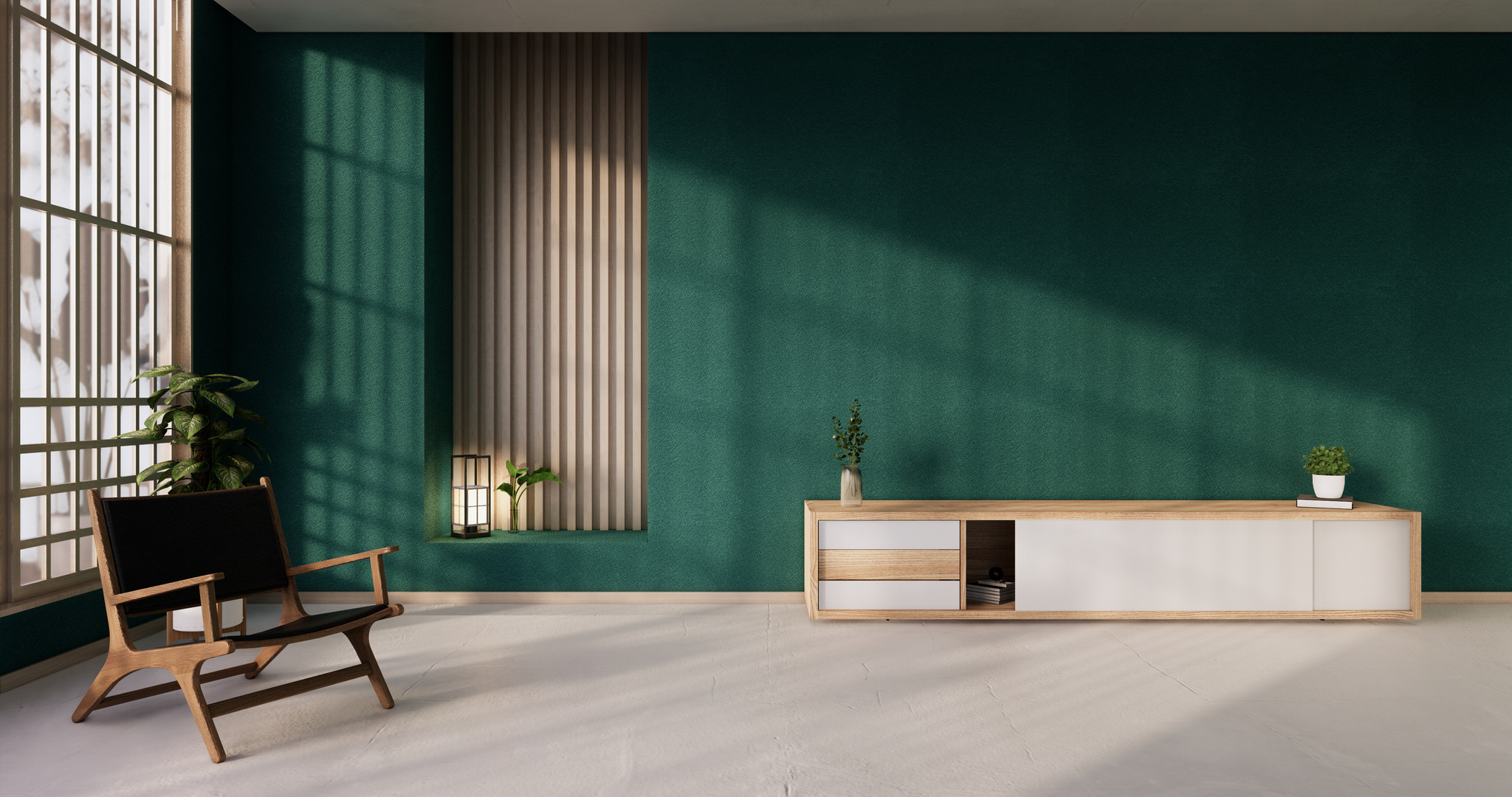 Nihon Green Room Design Interior -  Room Japanese Style. 3D Rend